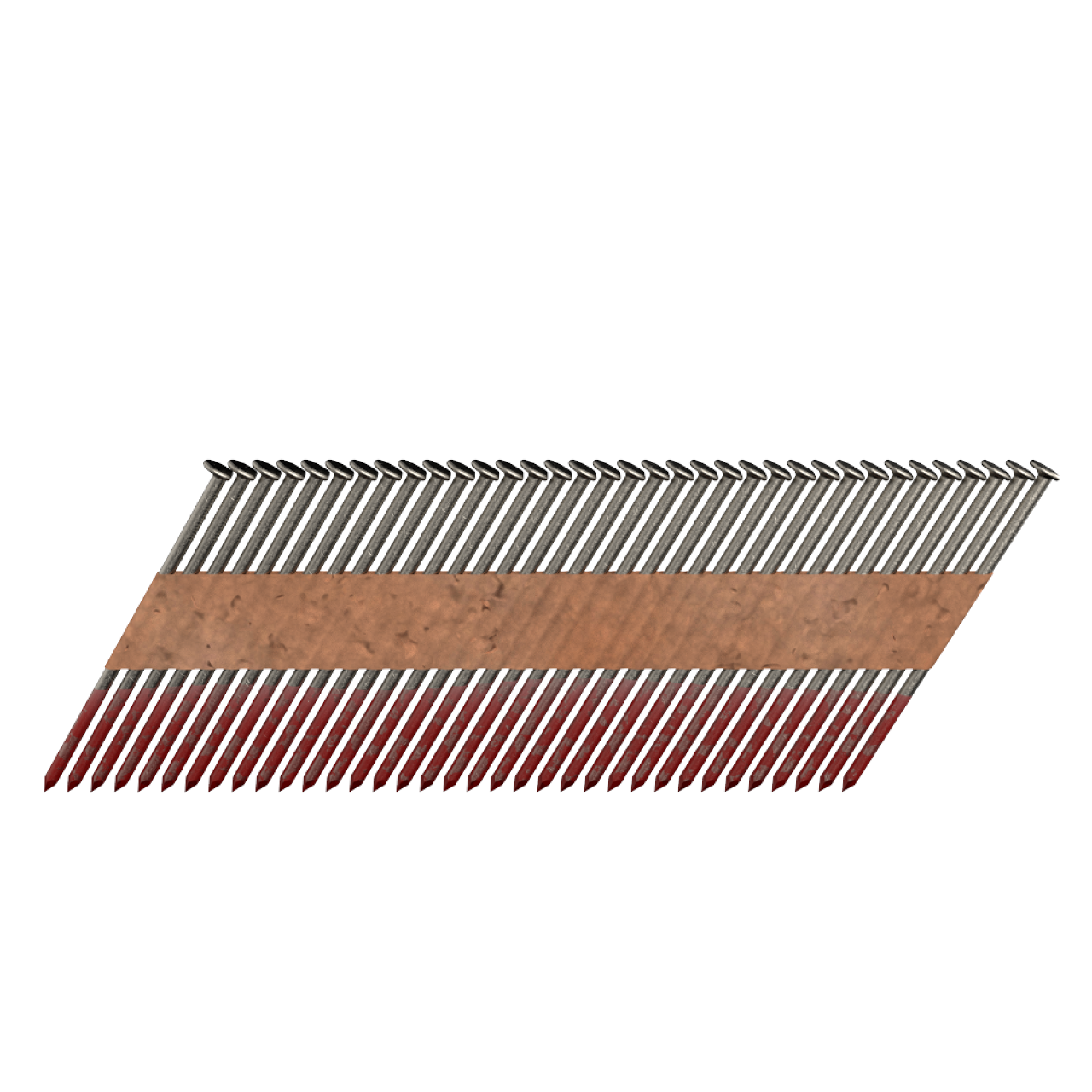 A diagonal strip of Go Build 0.131 x 3-1/4 in. paper strip smooth shank framing nails, 30°, with reinforced round heads and pointed tips, held by a brown paper strip. Pack contains 2,500 nails (5 lb.), The Fastest Way To Build.